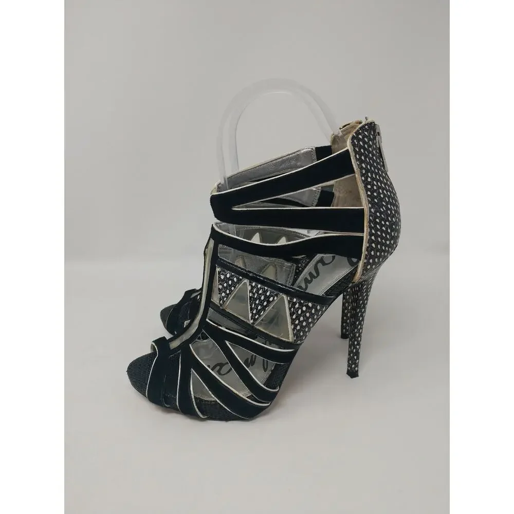Sam Edelman Jazz Strappy Embossed Snake Heels 6M Black White Clear Triangle Cut